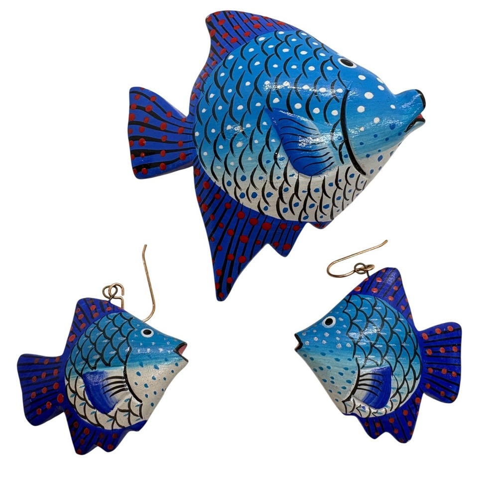 Vintage Hand Painted Wood Fish Brooch and Earrings Set Blue Tropical Folk Art